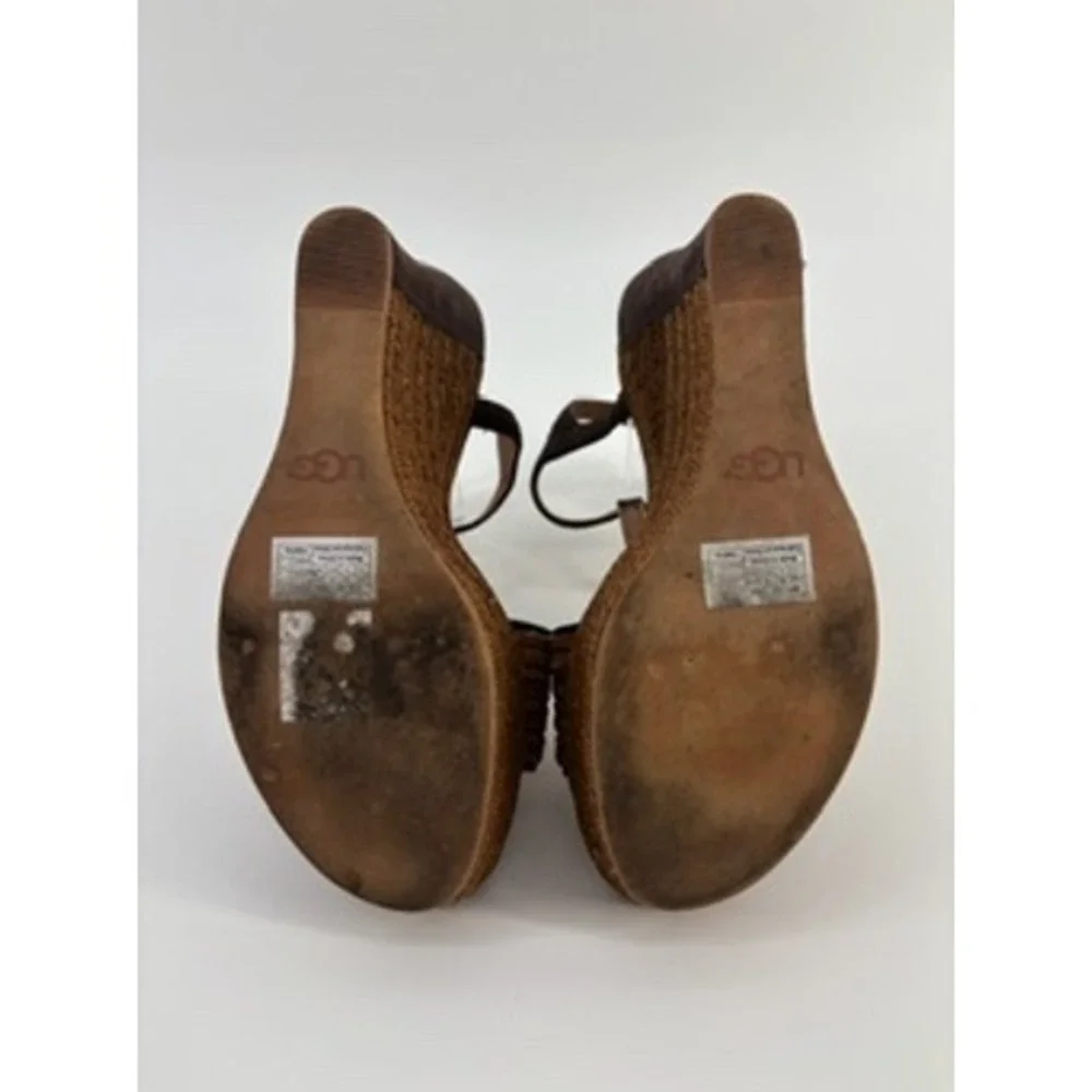 UGG Women Brown Suede Raffia Platform Wedge Sandals T-Strap Ankle Buckle Size7.5